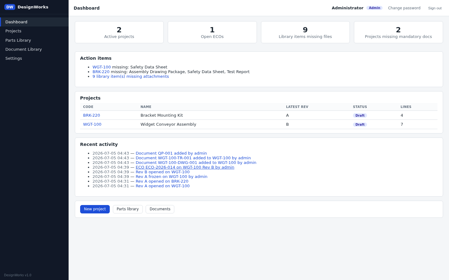 DesignWorks dashboard with stat tiles, action items and a recent activity feed