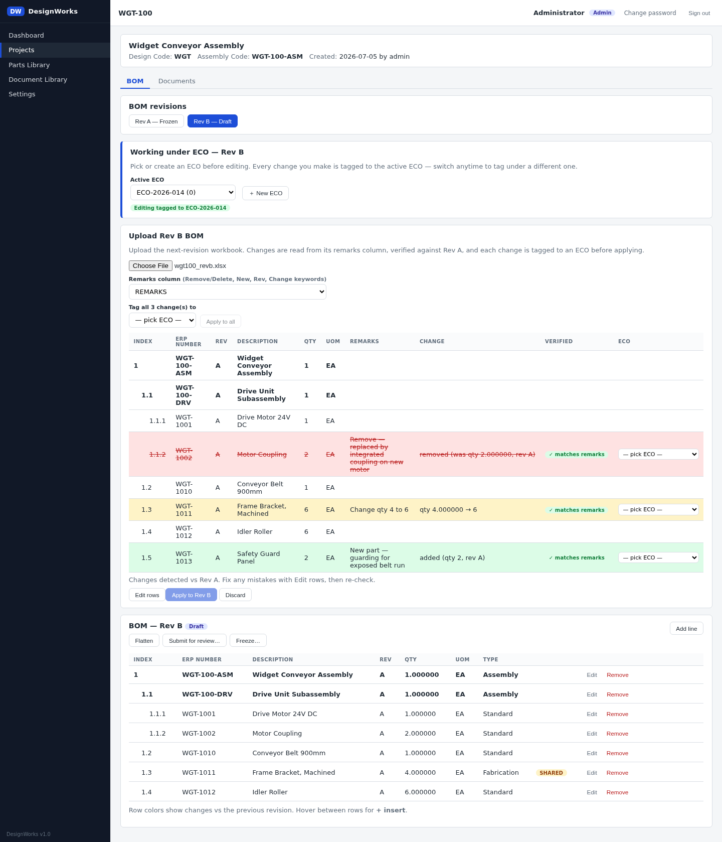 The Rev B whole-workbook upload diff, with added, removed and changed rows colour-coded and awaiting ECO tags