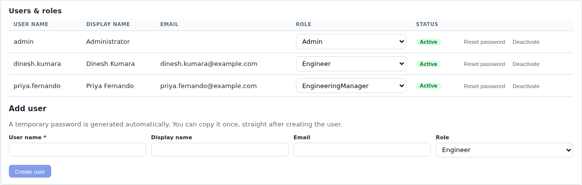 The Settings users and roles screen